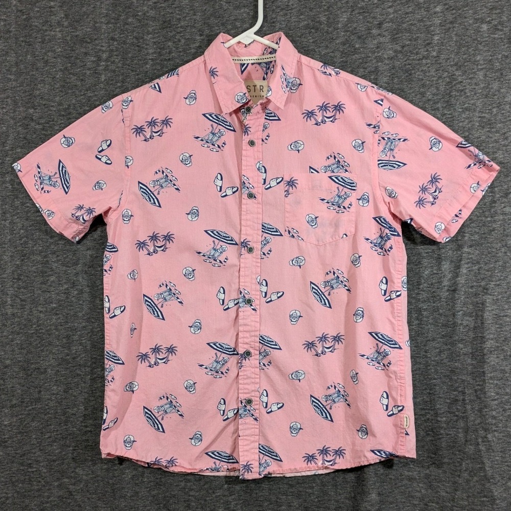 VSTR Premium Mens Pink Short Sleeve Button Down Skulls Tropical Hawaiian Size M